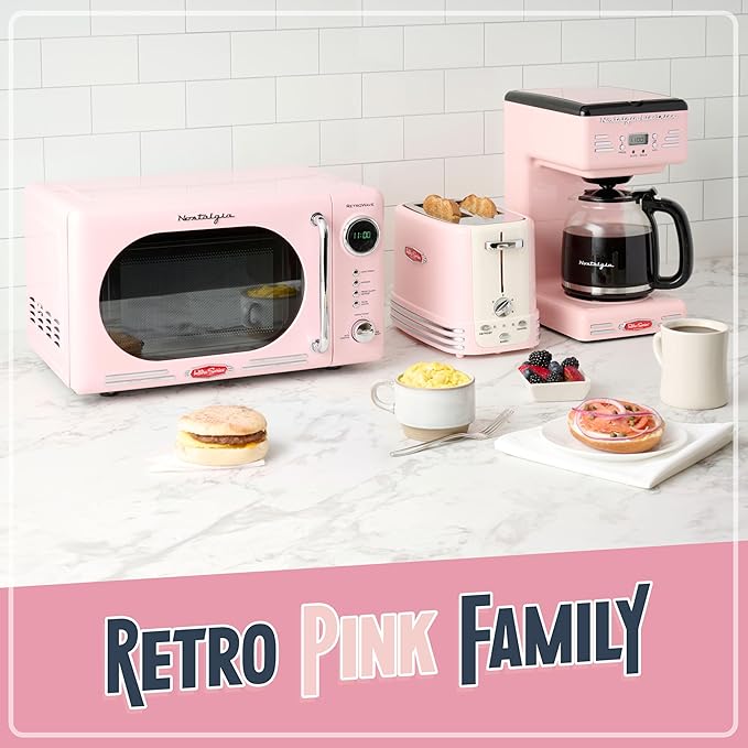 Nostalgia Retro Compact Countertop Microwave Oven - 0.7 Cu. Ft. - 700-Watts with LED Digital Display - Child Lock - Easy Clean Interior - Pink