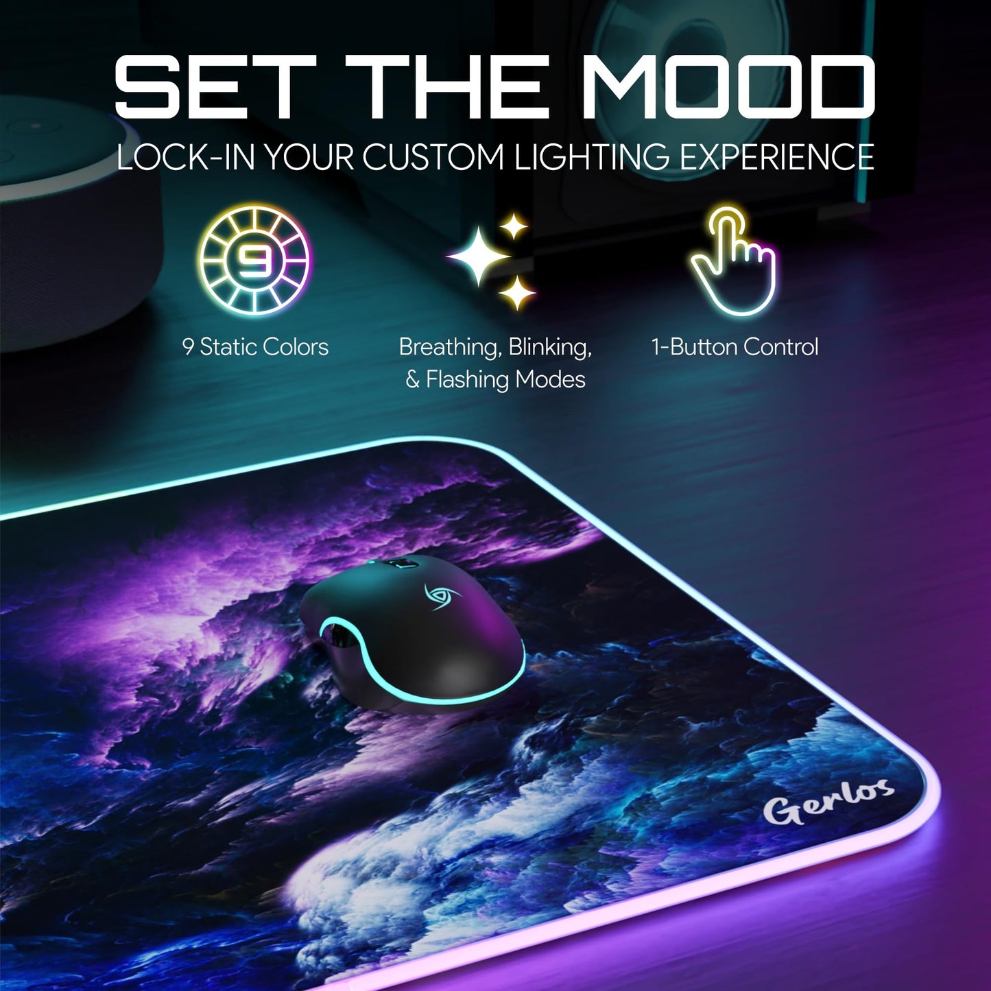 Gerlos RGB Large Gaming Mouse Pad, Extended Soft LED Mouse Pad, Non-Slip Rubber Base, Water Resist Keyboard Pad, Gaming Mousepad 31.5×11.8 inches