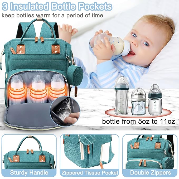 Diaper Bag Backpack Baby Bag, Baby Girl Boy Diaper Bag for Dad Mom with Pad, 16 Pockets, Pacifier Case, Large Diaper Bags Unisex for Travel (Green)