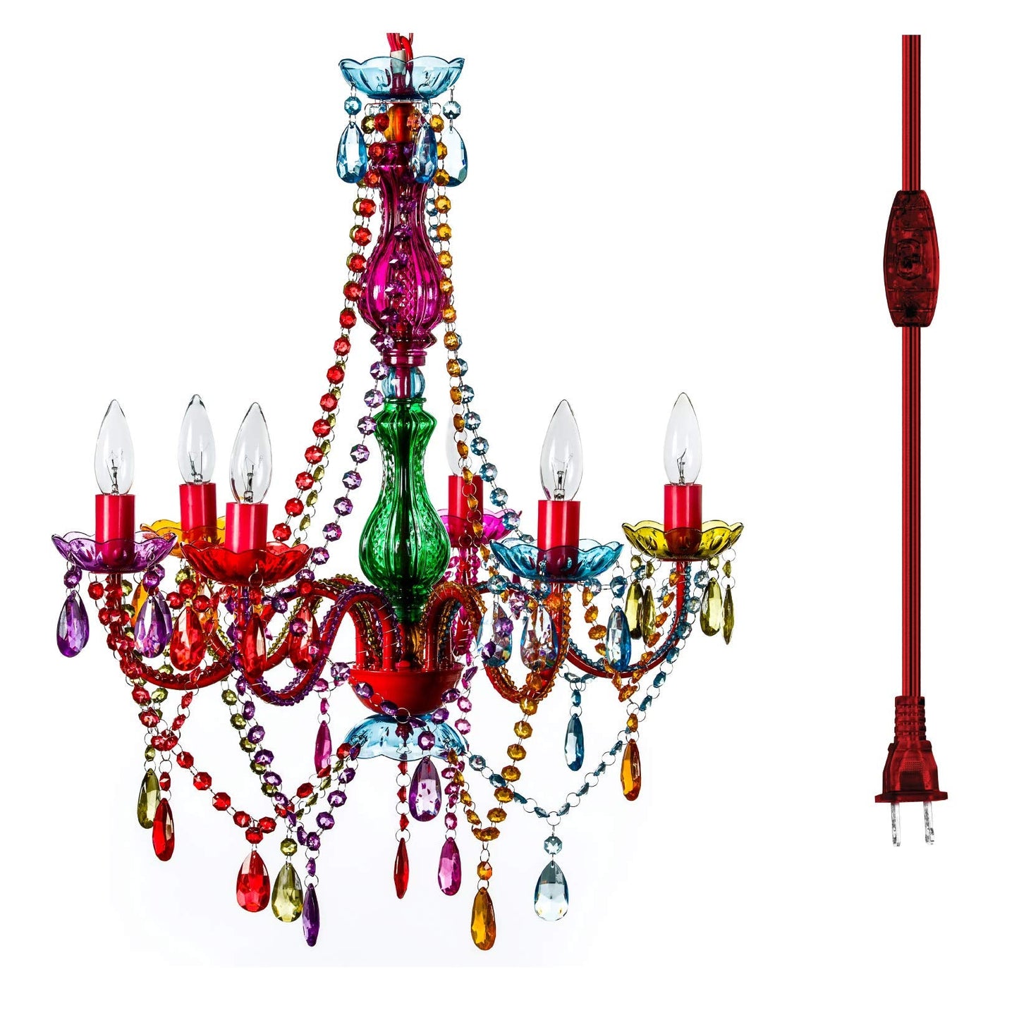 Gypsy Color 6 Light Multicolor Plug-In Chandelier, Red Metal Frame, Glass Stem, Acrylic Crystals, H26”Xw22”, Model Gylgmcp