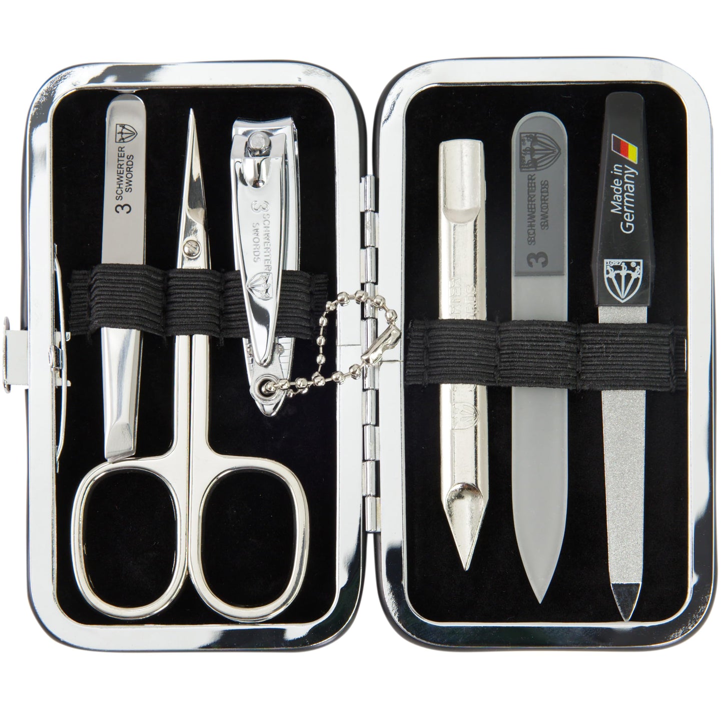 3 Swords Germany - Brand Quality 6 Piece Manicure Pedicure Grooming kit Set - Scissors, Metal and Glass Nail File, Clipper, Twee