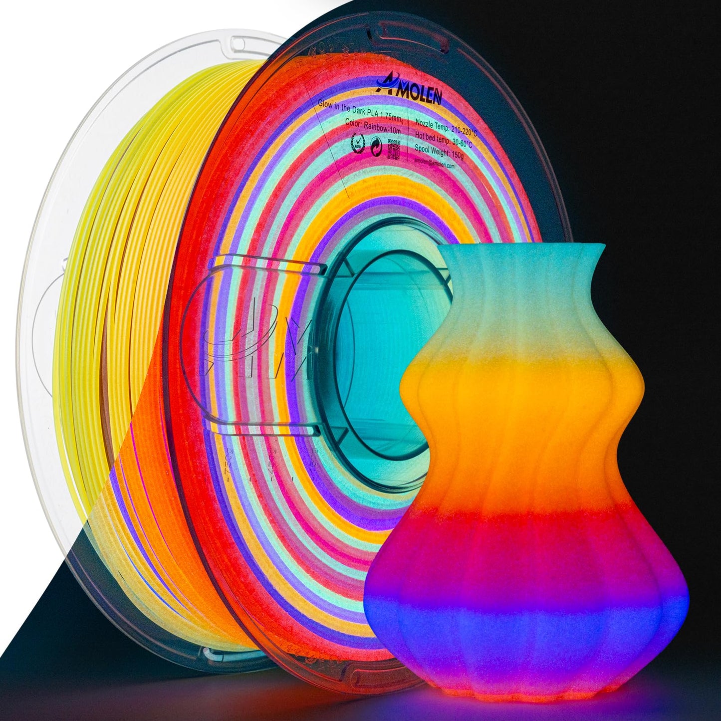 AMOLEN 3D PLA Glow in The Dark Filament 1.75mm, Glow Rainbow 10M Purple, Red, Orange, Blue, 3D Printing PLA Filament 1.75mm, Bes