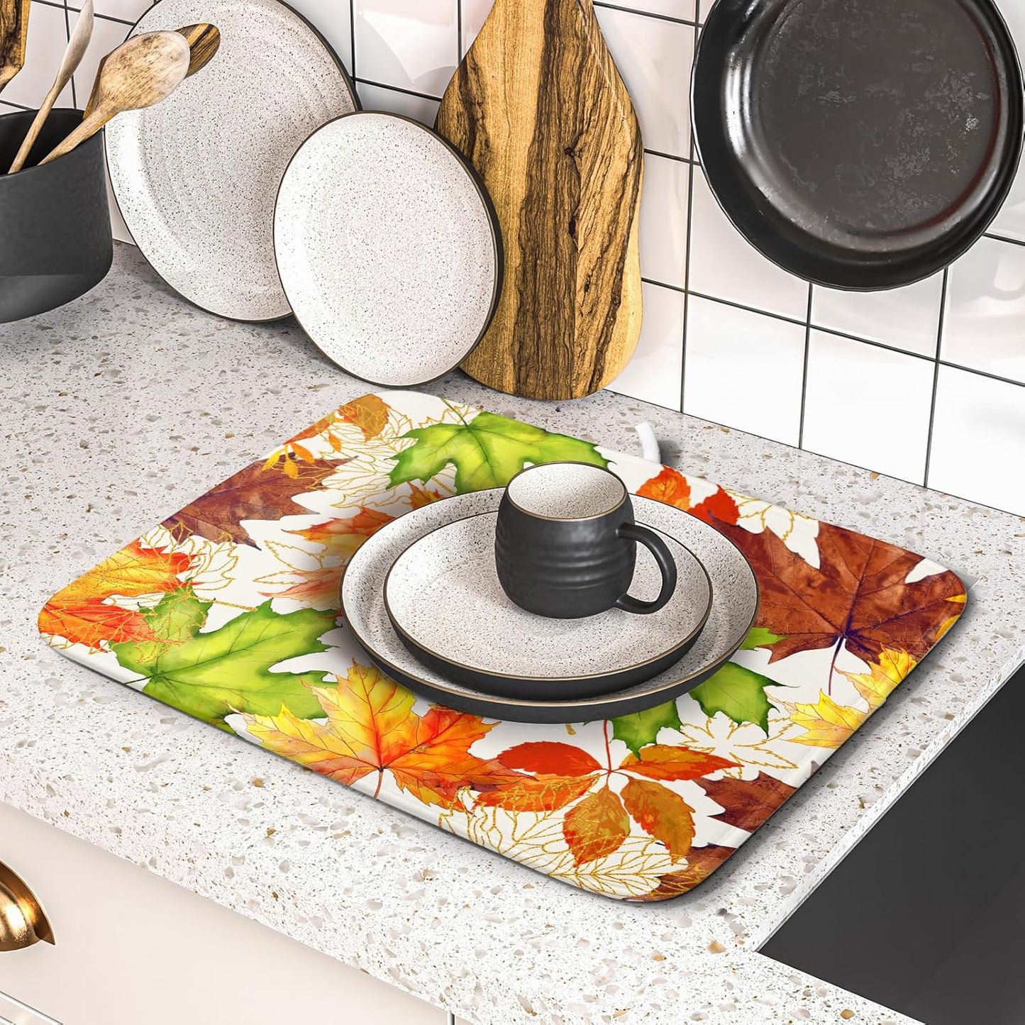Fall Leaf Dish Drying Mat for Kitchen Counter 16x18 Inch Autumn Harvest Thanksgiving Maple Leaves Absorbent Reversible Microfiber Dish Drainer Rack Mats Countertops Protector Mat