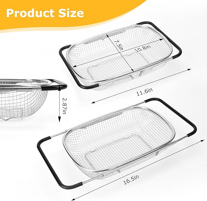 ZDRongZhen Kitchen Accessories Over the Sink Colander Strainer Basket，Stainless Steel Colander with Expandable Rubber Grip Sink Drainer-Rinse Vegetables Fruits &Strain&Drain (Medium-grid)
