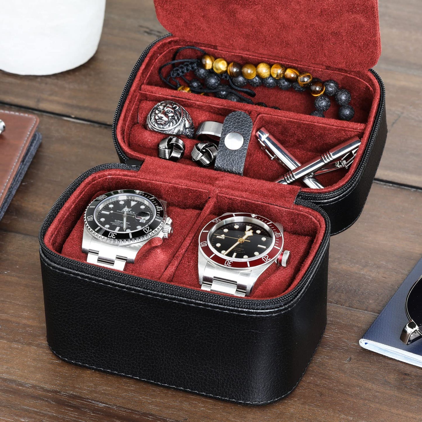 ROTHWELL 2 Watch Travel Case Storage Organizer for 2 Watches | Tough Portable Protection w/Zipper Fits All Wristwatches & Smart