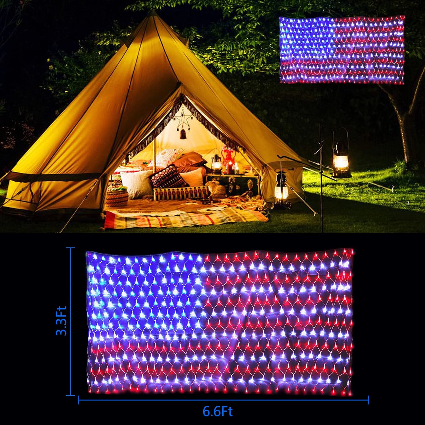 Decute Solar American Flag String Lights, Waterproof 420 LED, Model HLX-038, Solar Powered + Plug In, for Outdoor Holiday Decorations