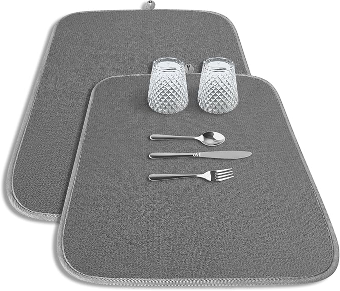 Kitsure Dish Drying Mat - 2-Pack Washable Microfiber Drying Mat for Kitchen Counter, 3-Layer Ultra Absorbent Pad with a Ha...
