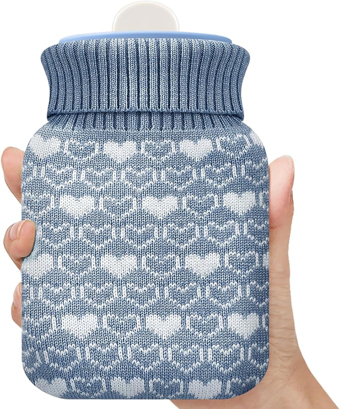 Amylove Mini Hot Water Bottle 320ml for Hot & Cold Compress with Cover Silicone Microwave Heating Small Water Bag for Travel Pain Relief Holiday Gifts(Stone Blue)