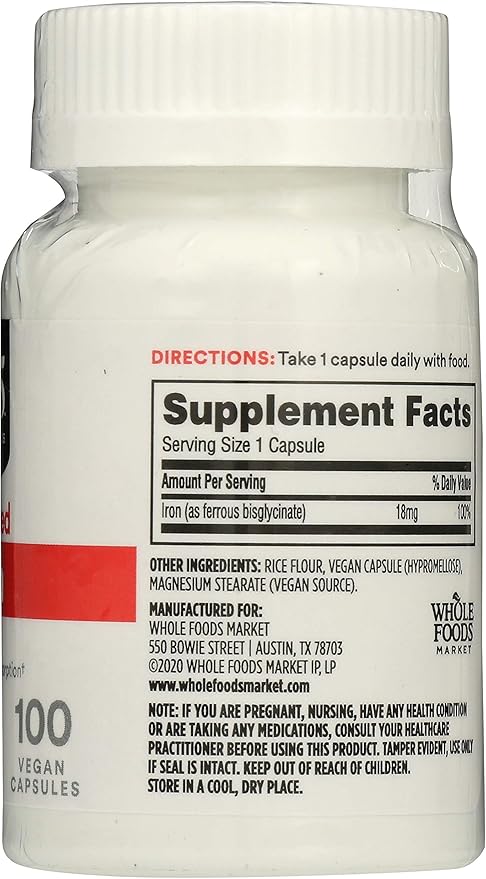 365 by Whole Foods Market, Iron Chelated 18Mg, 100 Veg Capsules (Pack of 2)