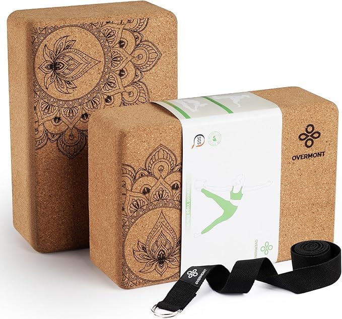 Overmont Cork Yoga Blocks 2 pack with 8ft Strap Natural Cork Bricks- High Density & Eco Friendly Yoga Accessories for Wome...