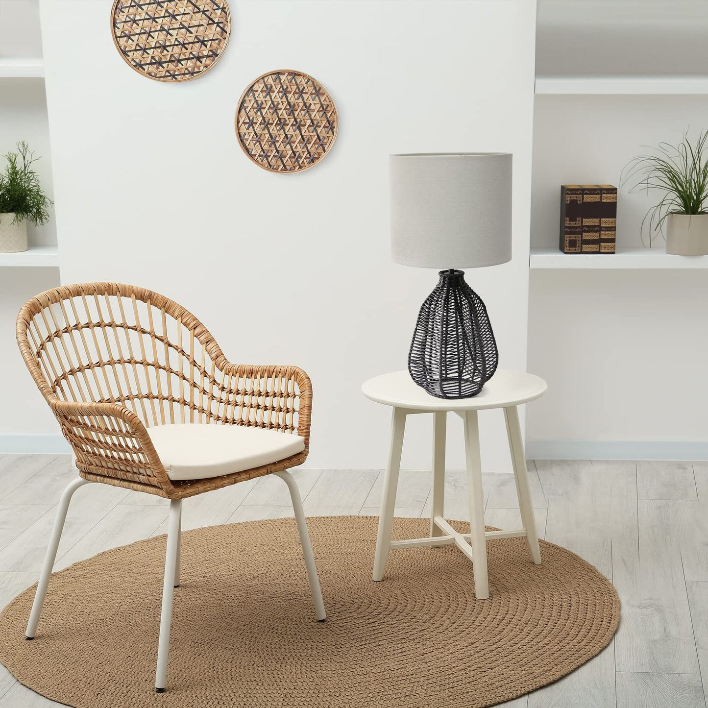 Elegant Designs Table Lamp, 21in Tall, Black/Light Gray, Paper Rope Rattan, Model LT2106-BLK