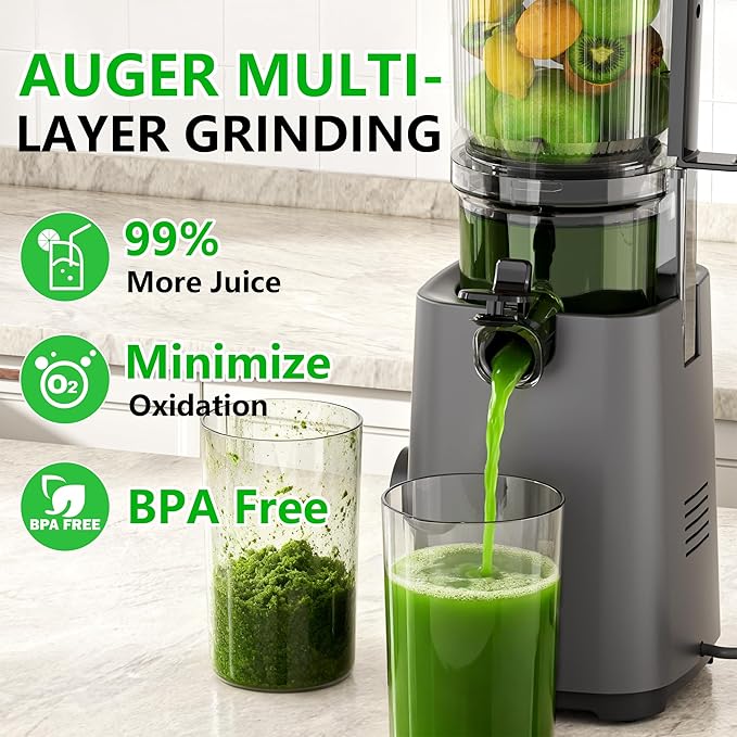 T33 Cold Press Juicer Machines, 5.3" Large Feed Chute Slow Masticating Juicer, Powerful AC Brushless Motor Fit Whole Fruits & Vegetable, 99% Juice Yield, Ultra Quiet, Easy Clean