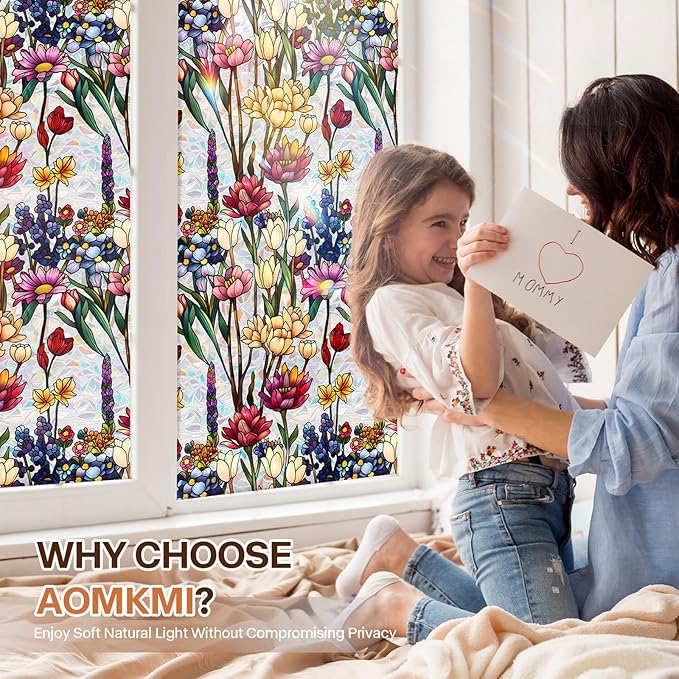 Stained Glass Window Film UV Resistant Window Privacy Film Colorful Flowers Privacy Rainbow Decals Living Room Bedroom Sun Blocking Decor Removable Static Cling Stickers 17 x 39.37 Inch
