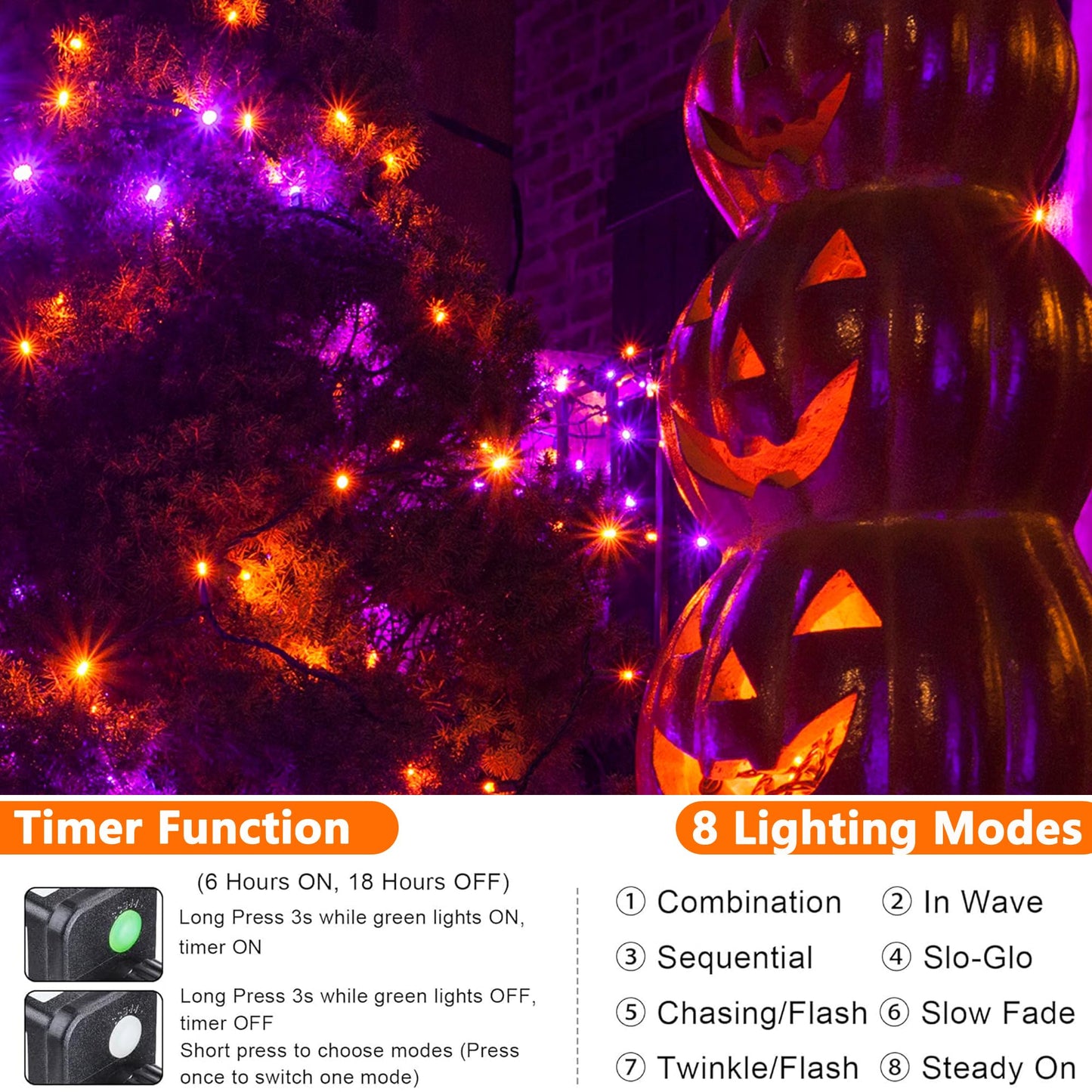 Joomer 500 Led Halloween String Lights - Orange Purple, Waterproof, 8 Modes, 174Ft, Perfect For Indoor Outdoor Decorations
