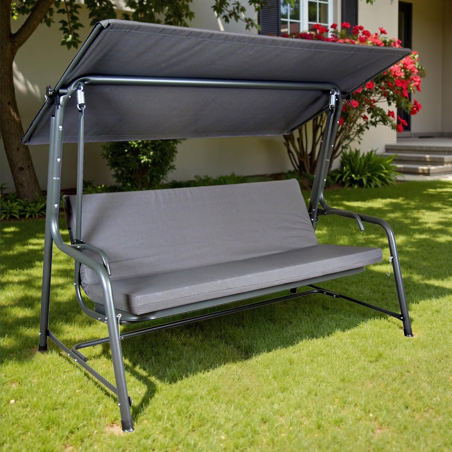 SUNJOY 3-4 Seat Luxury Outdoor Porch Swing, Steel Patio Swing with Elastic Metal Mesh Seat, Convertible Design, Cushion and Adjustable Canopy for Garden, Poolside, Backyard, Grey - Made in Italy