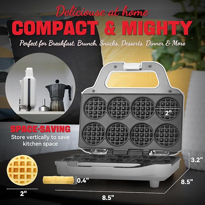 Mini Waffle Maker Machine, Tiny Waffle Bites Iron for Kids, Bake 8 x 2'' Tiny Waffle Bites, Small Waffle Maker, Compact & Easy Use, Non Stick Surface, Recipe Included, White