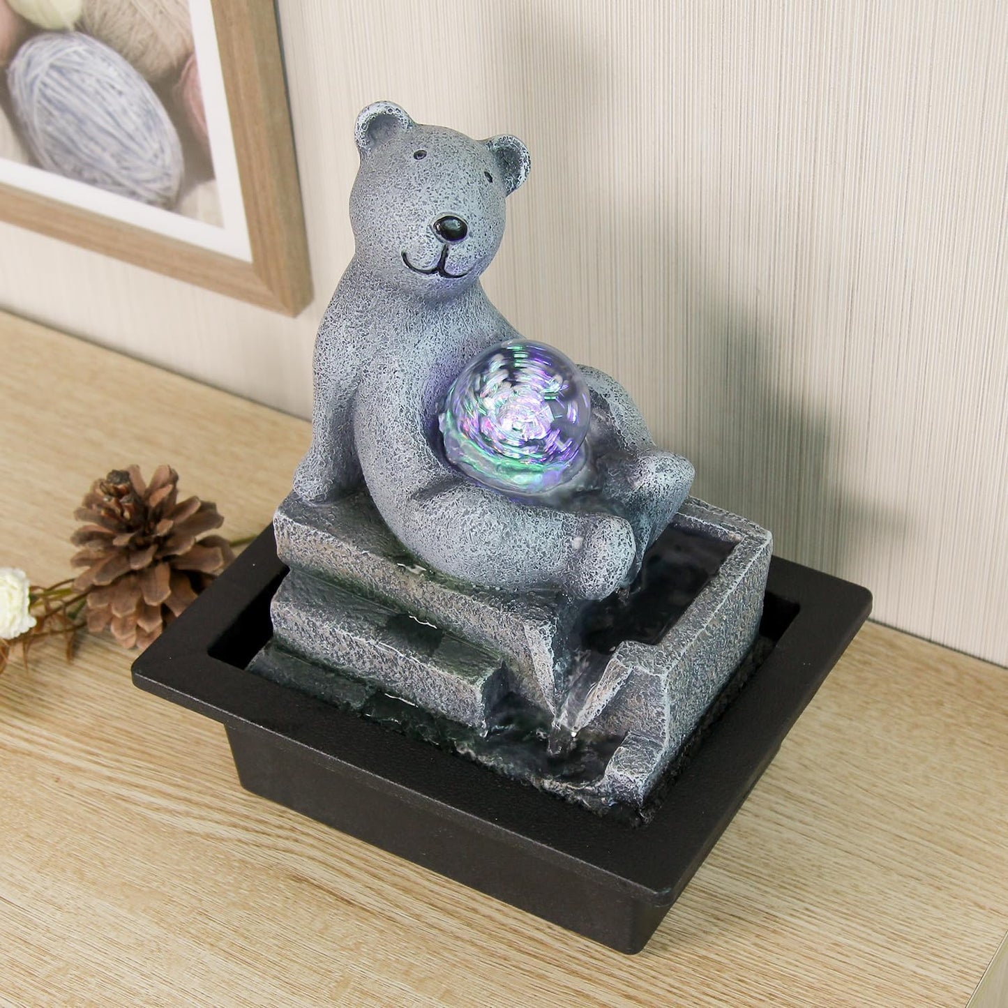 Cascading Rock Tabletop Fountain, Cute Bear Indoor Waterfall Fountain with Colored LED Lights and Rolling Ball, 3 Tiered Desktop Fountain for Office Home Bedroom