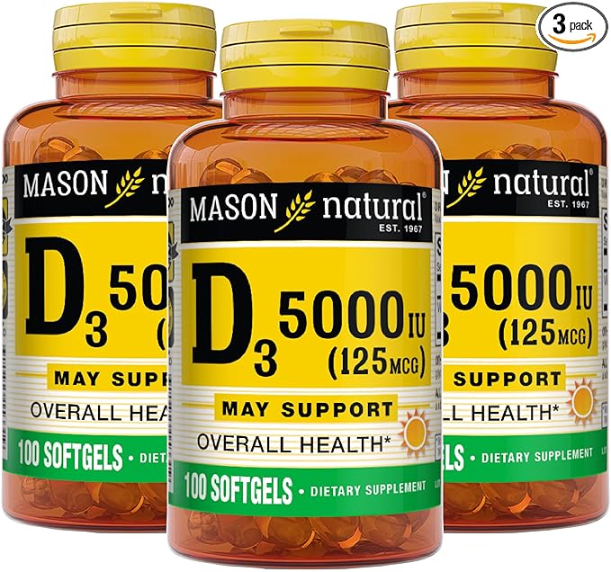 MASON NATURAL Vitamin D3 125 mcg (5000 IU), Supports Bone, Muscle & Immune Health, from Fish Liver Oil, 50 Softgels, Pack of 3