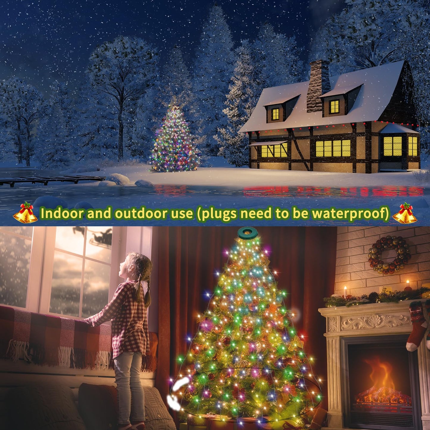 Christmas Tree Lights With Ring 9.9Ft 16 Line 544 Led Green Wire Fairy Waterfall String Light Plug In Dimmable Cascading Twinkle Lights With 8 Lighting Modes For Indoor Outdoor Xmas Tree(Multicolor)