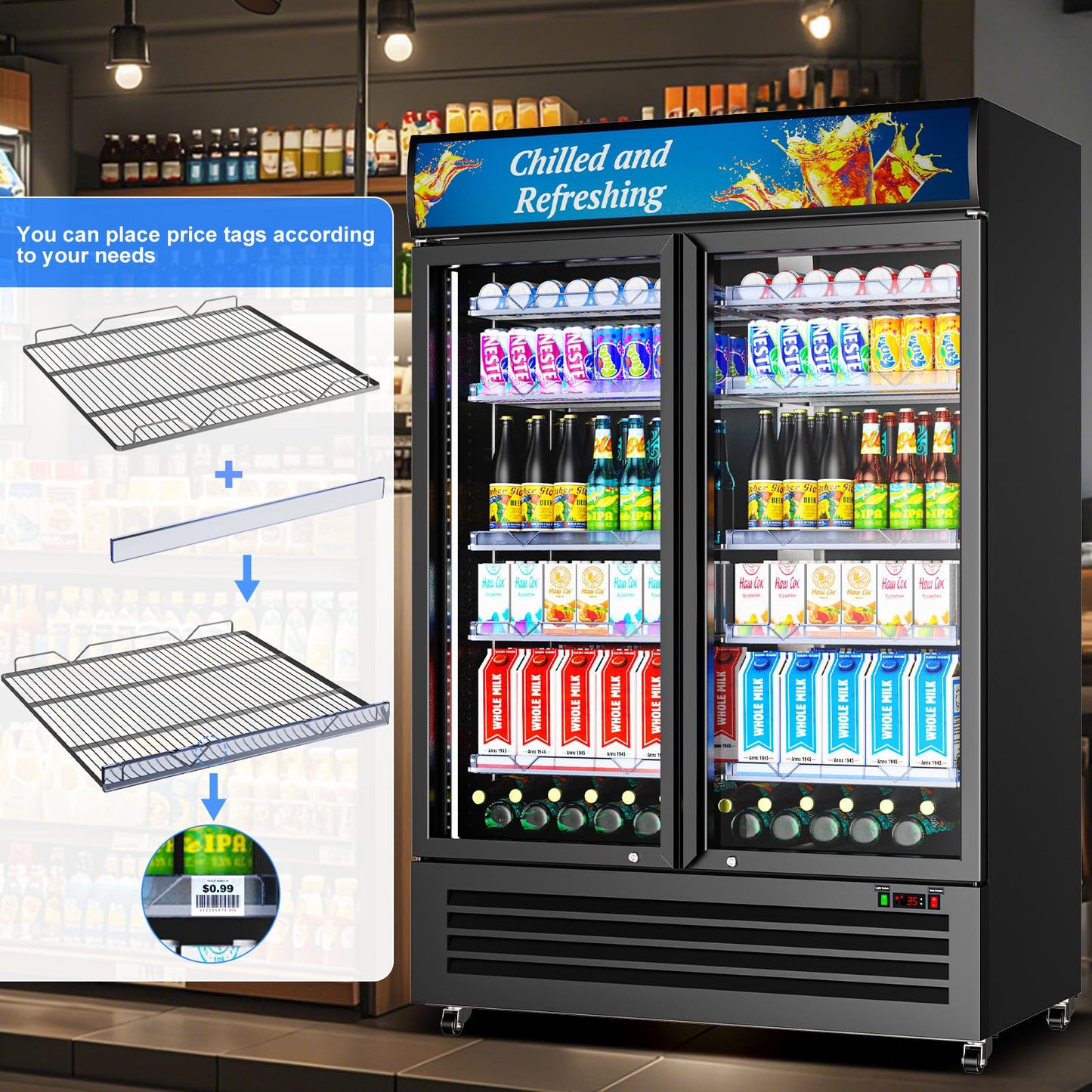 Velieta Commercial Beverage Refrigerator with 2 Glass Door, 383L Display Fridge Beverage Cooler with Customizable Lightbox Adjustable Shelves, Drink Fridge Merchandiser for Restaurant Shop, Black