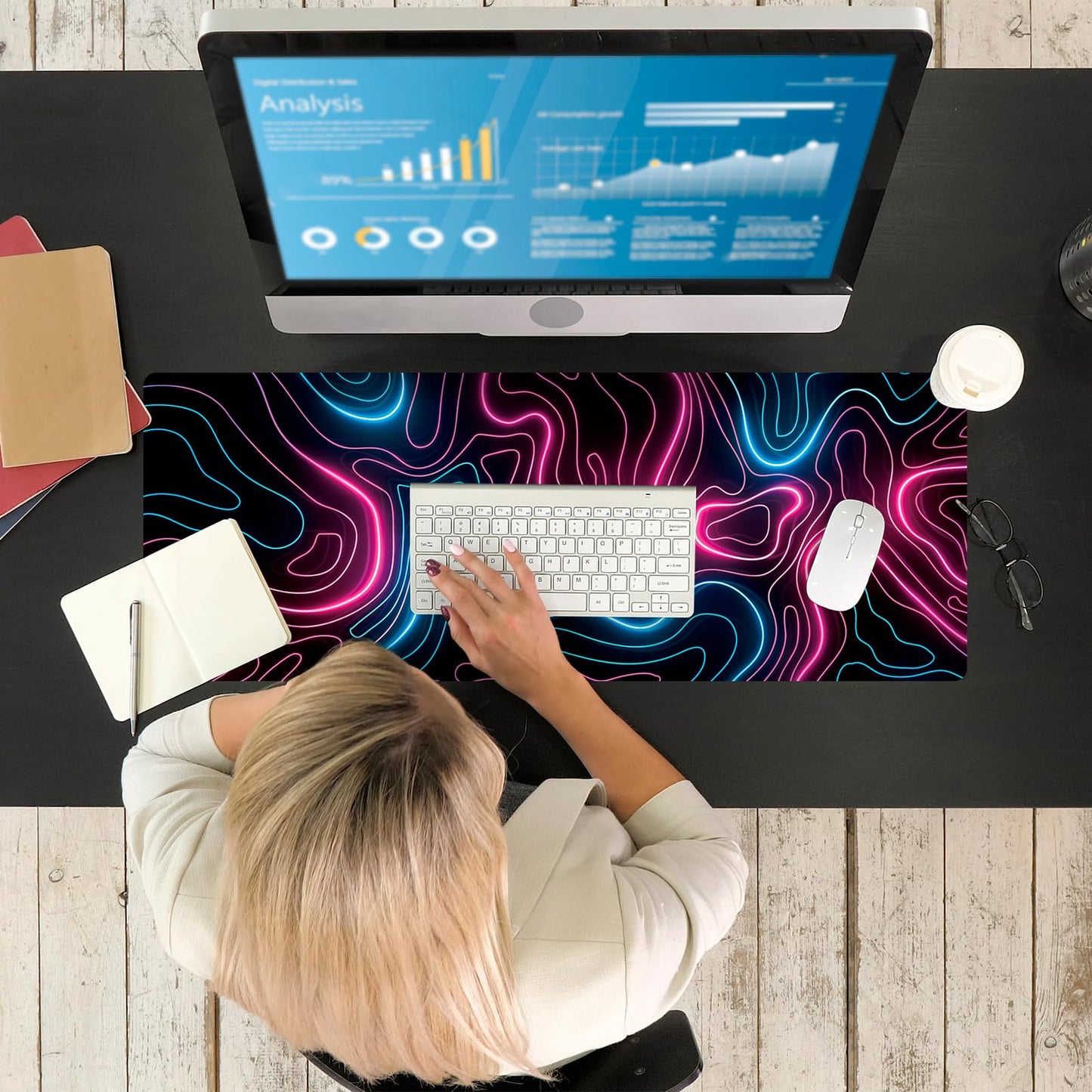 Ovenbird Gaming Mouse Pad with Stitched Edges, Topographic Map Pink Extended XL Mousepad with Anti-Slip Base, Cool Neon Large Mouse Pad for Desk, 31.5 x 11.8 in, Pink and Blue