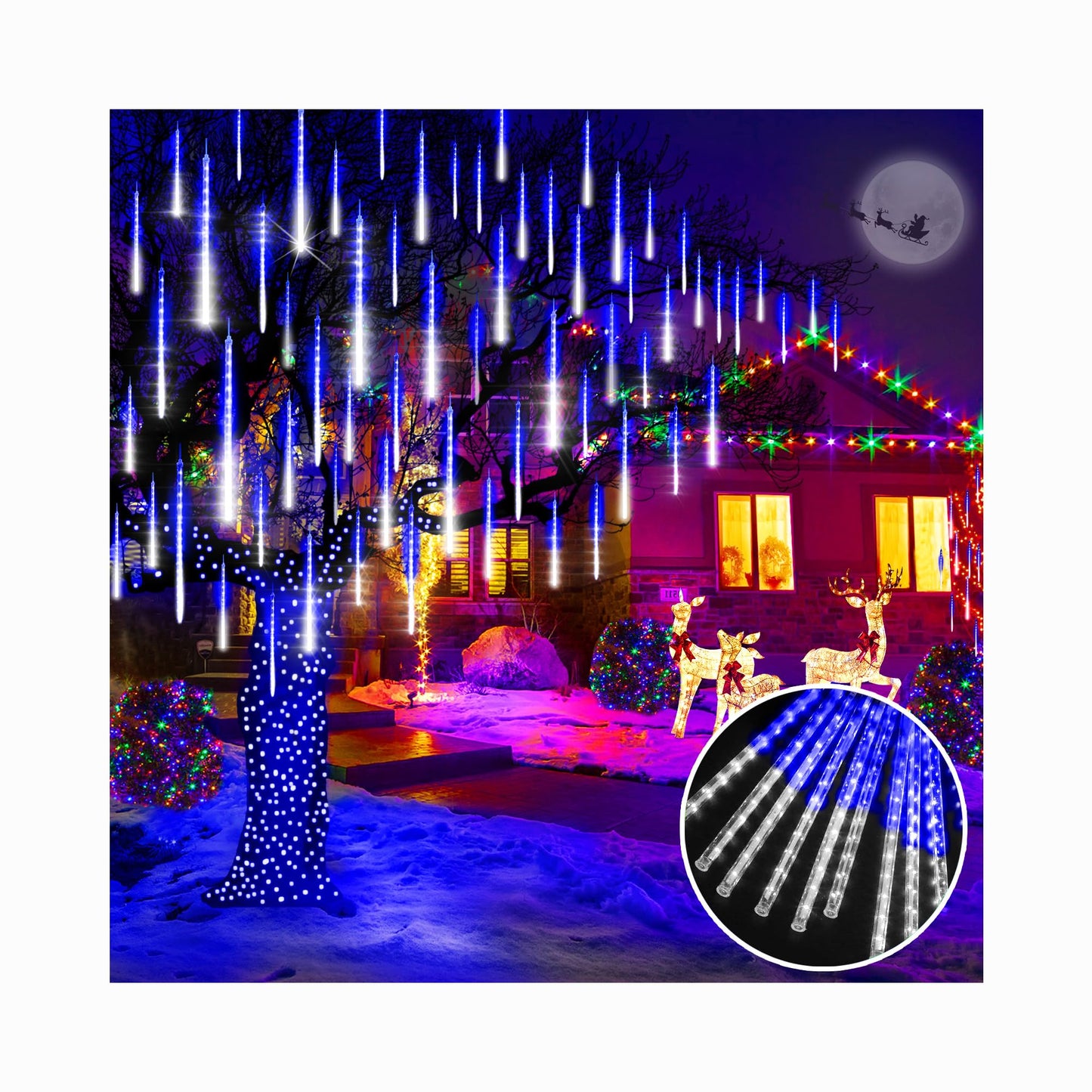 KNONEW LED Meteor Shower Lights, 24 Tubes, 672 LEDs, Waterproof, Blue & Cool White, Model KN-1000-LIG168-01, Outdoor Holiday Decorations