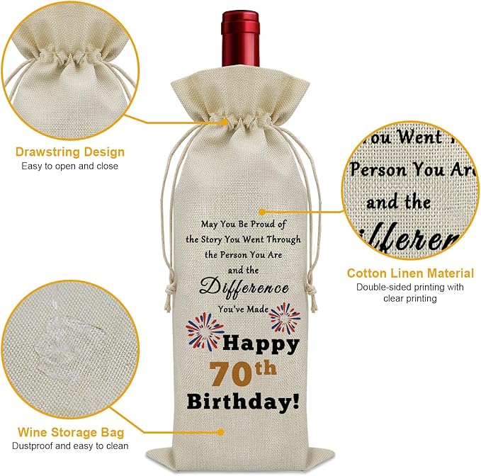 Sazuwu 70th Birthday Gifts for Her Him Wine Bag 70 Years Old Gifts for Women Inspirational Birthday Quotes Wine Accessories Gifts for Wine Lovers Born in 1954 Gifts Birthday Gift for Mom Turning 70