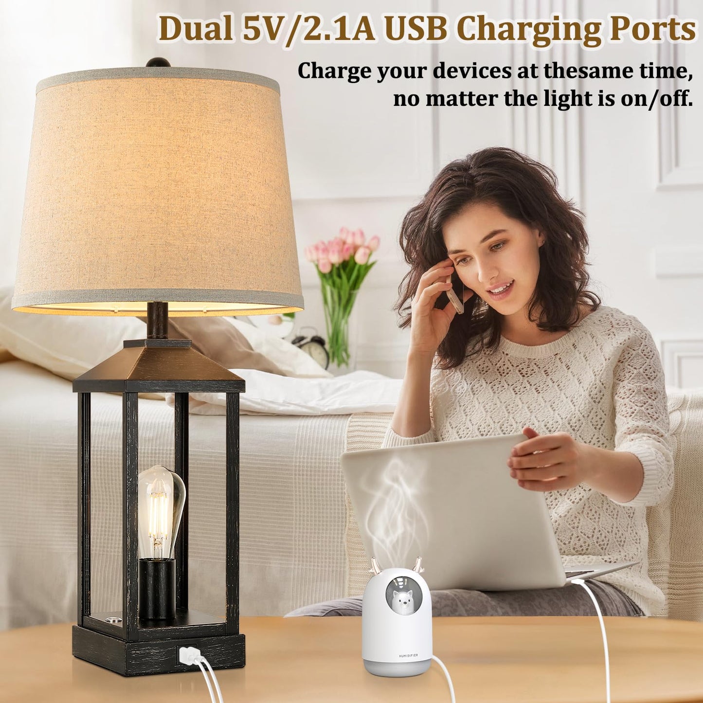 Brightever 28 Table Lamps Set Of 2, Black Metal Farmhouse Nightstand Lamps With Usb Ports, 3-Way Dimmable Touch Control, 4 Bulbs Included