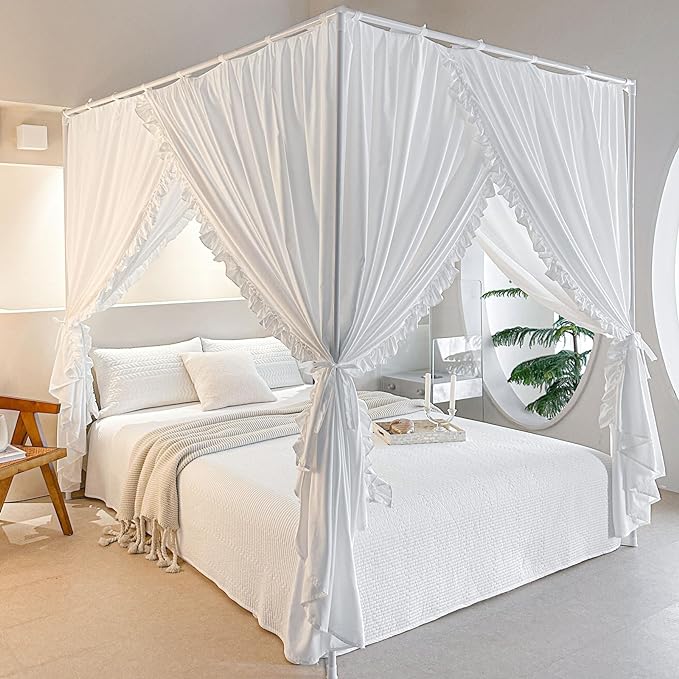AIKASY Princess Canopy Bed Curtains with Top Ties - Windproof & Lightproof for Girls' Adult Bedroom Decor | Bed Canopy Drapes (King,White)