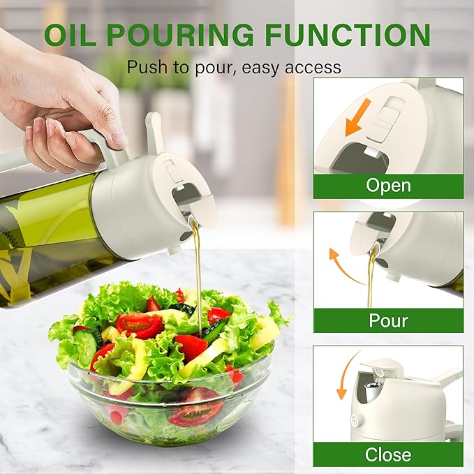 Vakoo 2 in 1 Oil Sprayer and Oil Dispenser for Kitchen - 16oz/470ml Light-Blocking Dark Glass Olive Oil Spray Bottle for Cooking, Air Fryer, Salad & BBQ (Green&White)