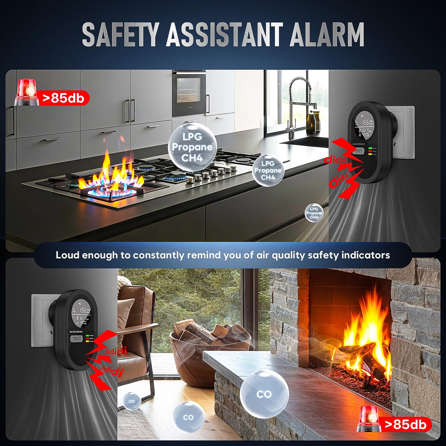 Portable Carbon Monoxide Detector 8-in-1, Carbon Monoxide Detectors Plug-in with HD Screen Natural Gas/Temp/Humidity, CO Monitor Alarm Sound Warning for Travel, Home, RV, Apartment Safety