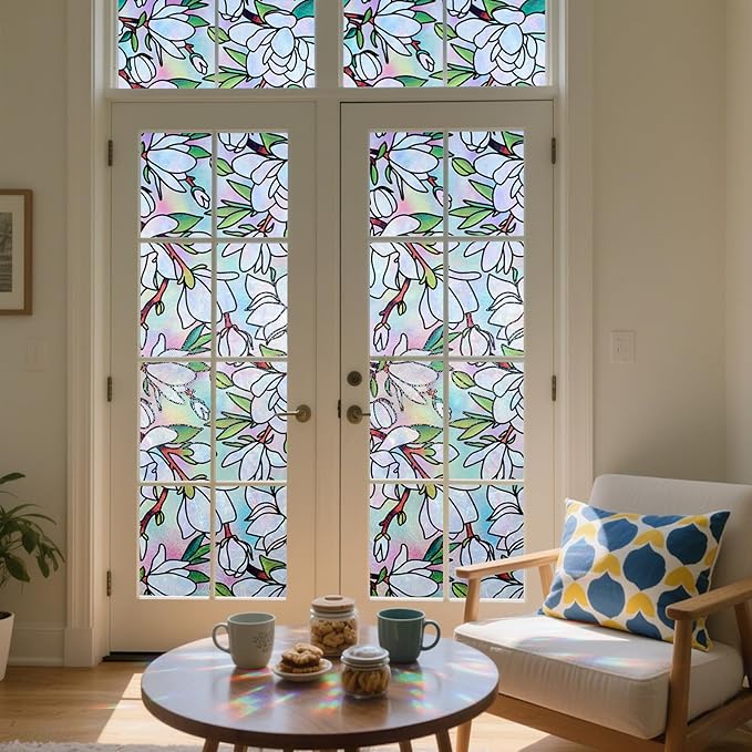 DKTIE Magnolia Pattern Stained Glass Window Film Floral Decorative Window Privacy Film with Rainbow Effect Front Door Bathroom Room Decor (S678, 17.7in X 118.1in)