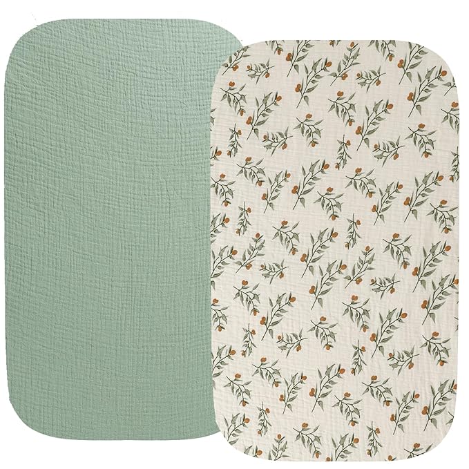 Muslin Bassinet Sheet Compatible with Ingenuity Bedside, Regalo Baby Infant Small, 2 Pack Cotton Fitted Super Soft for Baby Roman Green & Botanical Leaf