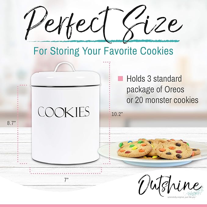 OUTSHINE White Cookie Jar with Airtight Lids | Vintage | Kitchen Counter Decorative Farmhouse Countertop Metal Treat Container | Best Cookie Tin for Gift Giving