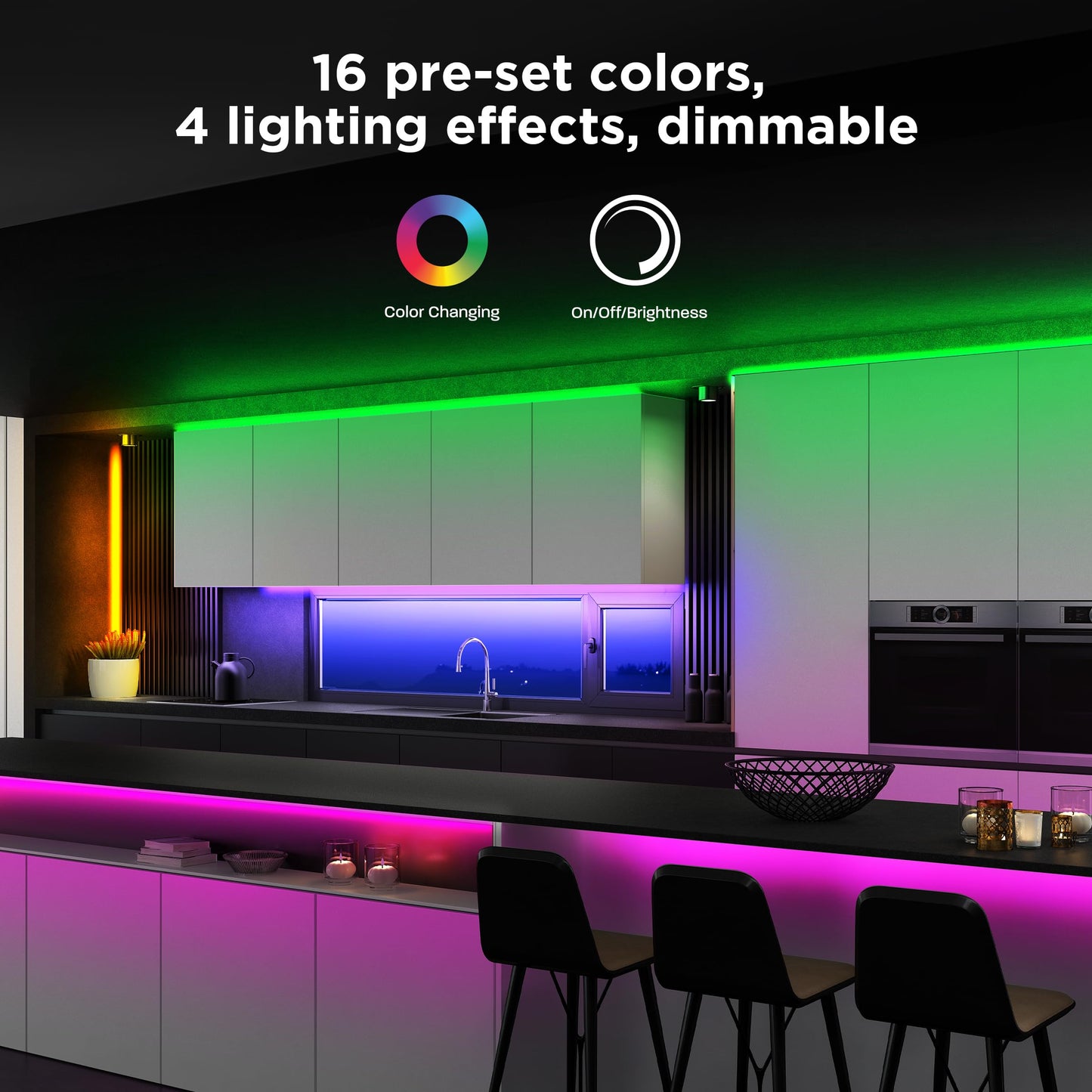 Feit Electric 32ft Color Changing LED Strip Light, Flexible, Remote Control, 16 Colors, Adjustable Brightness, TAPE384/RGB, White