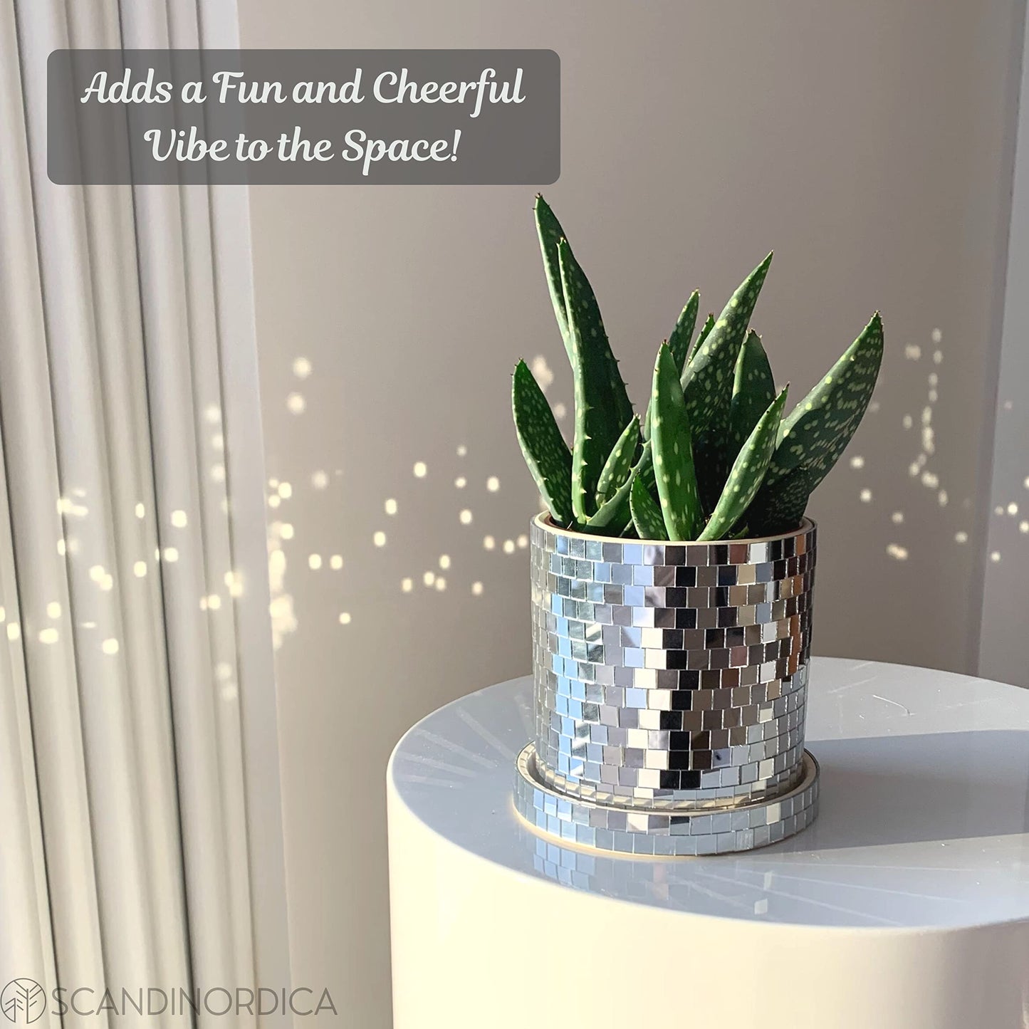 SCANDINORDICA Disco Ball Planter 6" Rose Gold with Chain and Macrame Hanger and Disco Ball Planter Pot 4.3" with Saucer (0.3x0.3 mirror tiles)