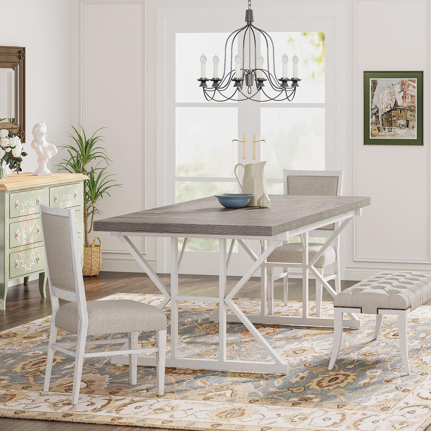 Tribesigns Farmhouse Dining Table for 6 People, 70.8-Inch Rectangular Wood Dining Table, Rustic Kitchen Table with Heavy Duty Metal Legs for Dining Room(Grey)