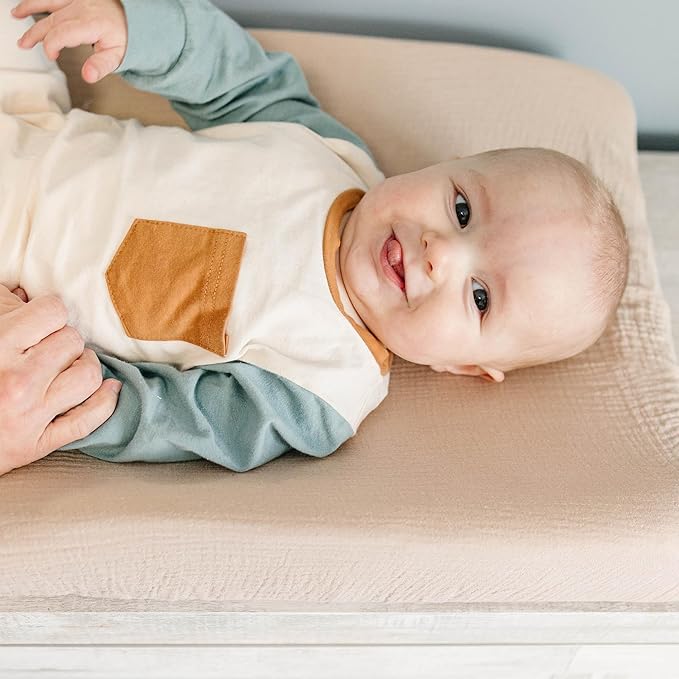 Konssy 2 Pack Muslin Changing Pad Covers for Boys, Ultra Soft & Breathable Cotton Baby Diaper Changing Table Covers, Neutral Nursery Diaper Changing Pad Sheets (Fog Green,Cream)