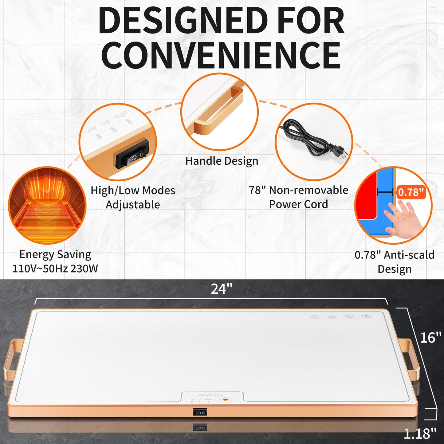 Food Warming Mat (XL 24"x16"), Food Warmers for Parties Buffet and Daily Use, Full Surface Warm Evenly Electric Warming Tray with Button Temperature Control, Gold Handles Warming Mat for Food, White