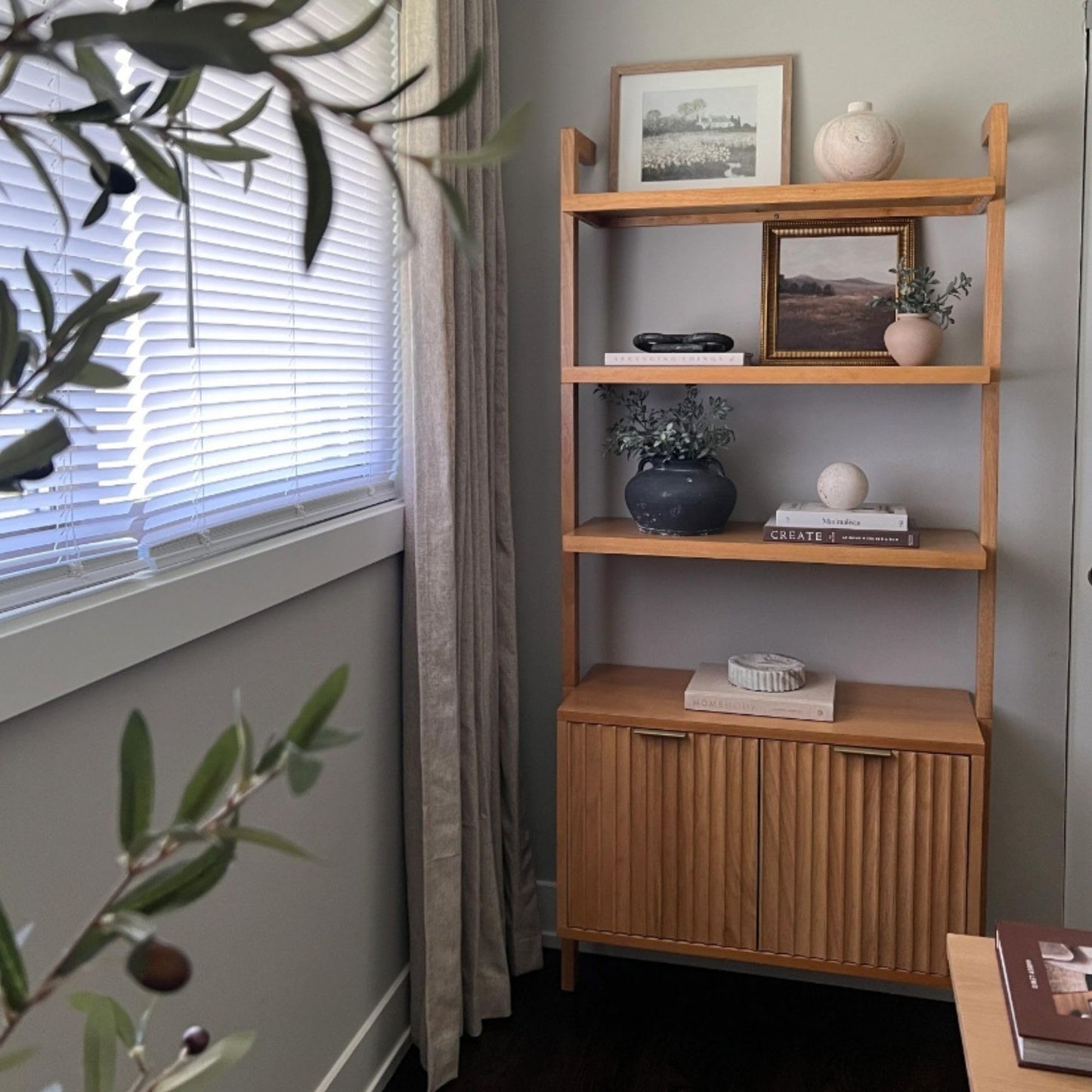 Nathan James Jasper 3-Shelf Solid Wood Boho Bookshelf, Wall Mounted Bookshelf with Cabinet with Fluted Doors, Natural Brown