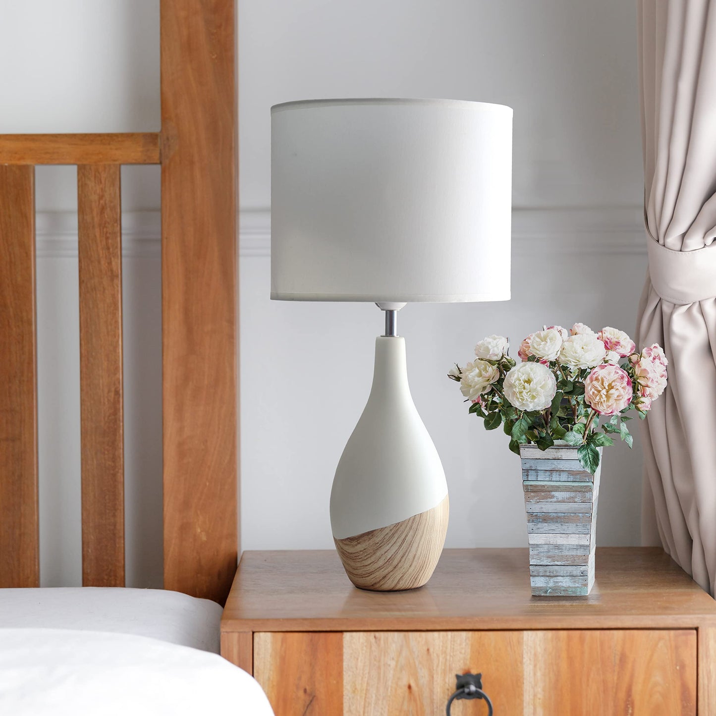 Simple Designs LT1118-LWD Oak Color Bedside Table Lamp, Off White Fabric Shade, 9.45inL x 9.45inW x 19inH