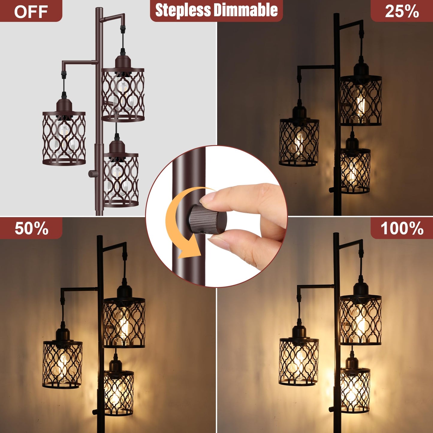 Rottogoon 68 Dimmable Industrial Floor Lamp, 3 Light Rustic Metal Design, Brown, Model Rodlldd24314, Includes 3 Pcs 6W E26 Bul