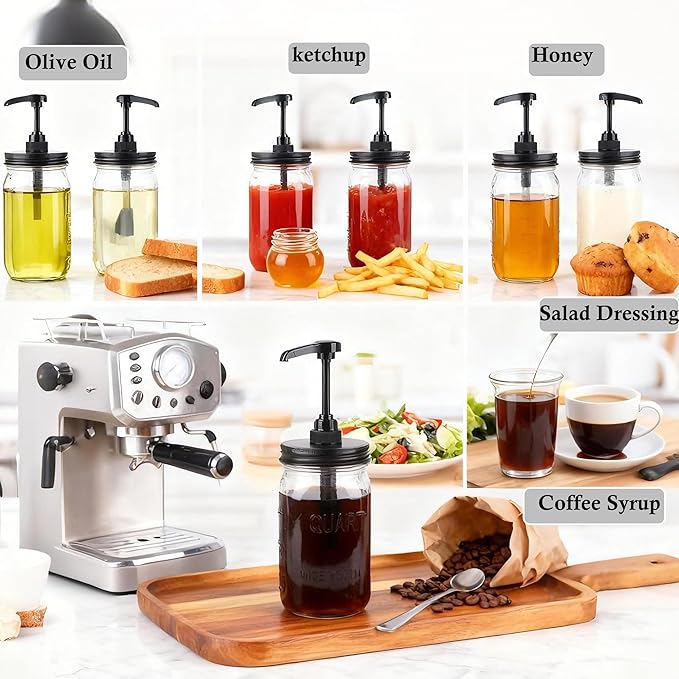 32 oz Mason Syrup Sauce Honey Dispenser Pump Bottle 1 Quart Wide Mouth Glass Coffee Syrup Condiment Ketchup Container Food Grade Airtight & Leak-Proof