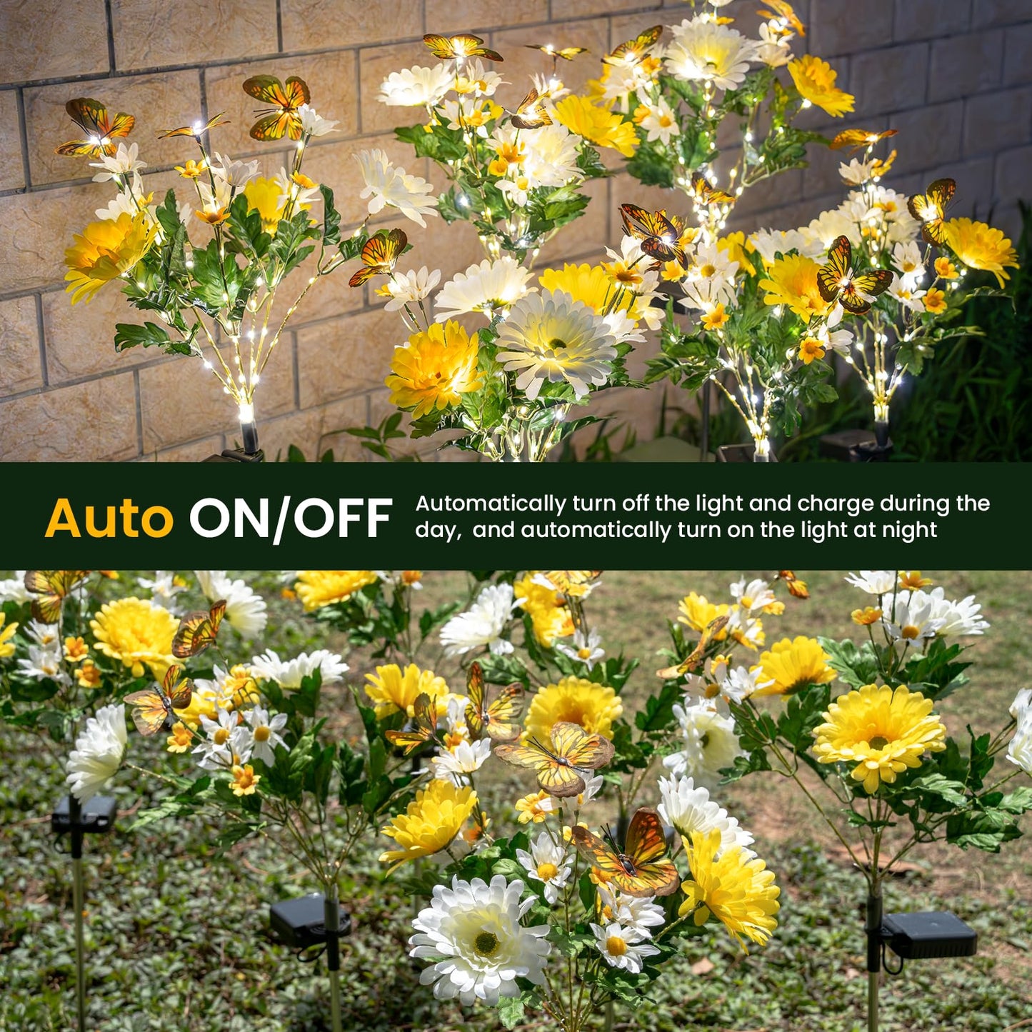 Topvelo Solar Garden Light 6 Packs  120 Leds Outdoor Solar Lighting With Daisy And Butterfly  Waterproof Outdoor Garden Light For Patio  Courtyard  Pathway Decoration (Yellow)