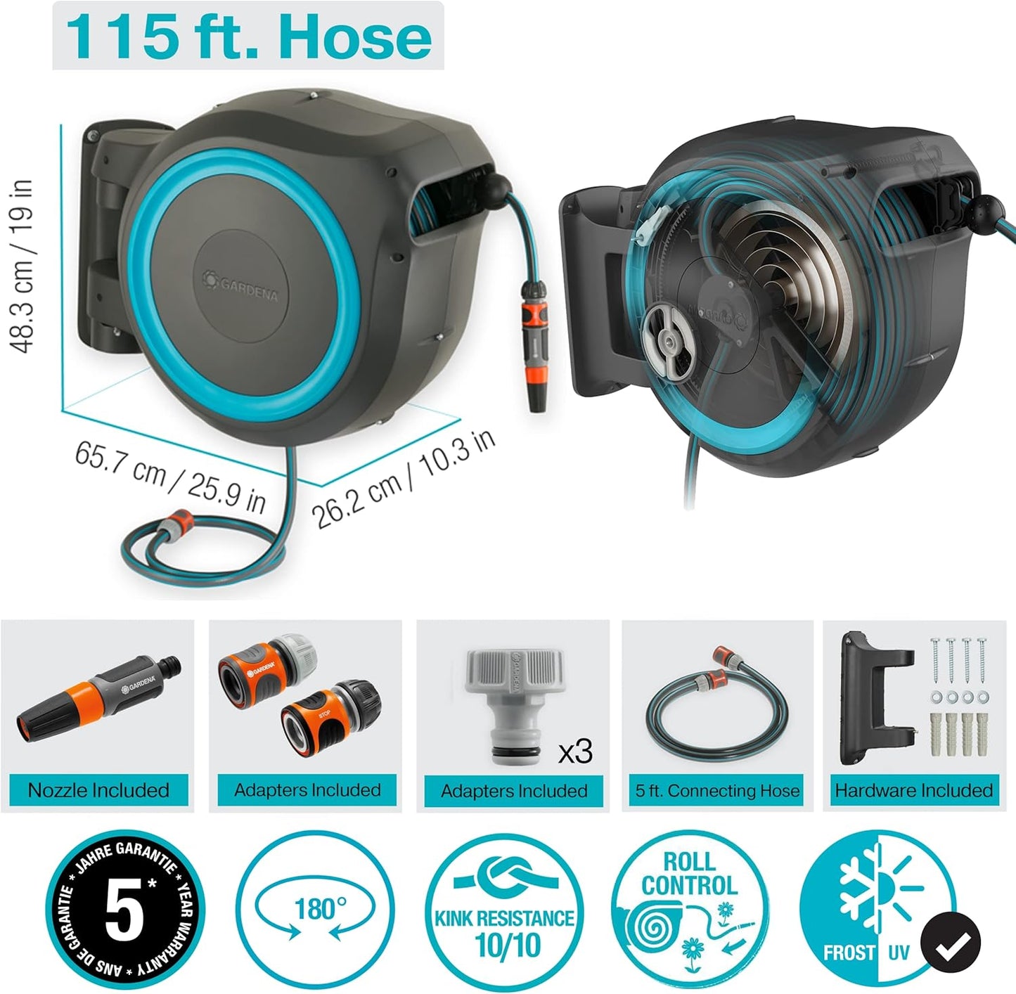 GARDENA (18630) Retractable Garden Hose Reel 115' x 1/2" Wall Mounted, Automatic Retraction & Length Lock for Easy Watering. Heavy Duty Swivel Bracket 180°, Includes Nozzle. Made in Europe