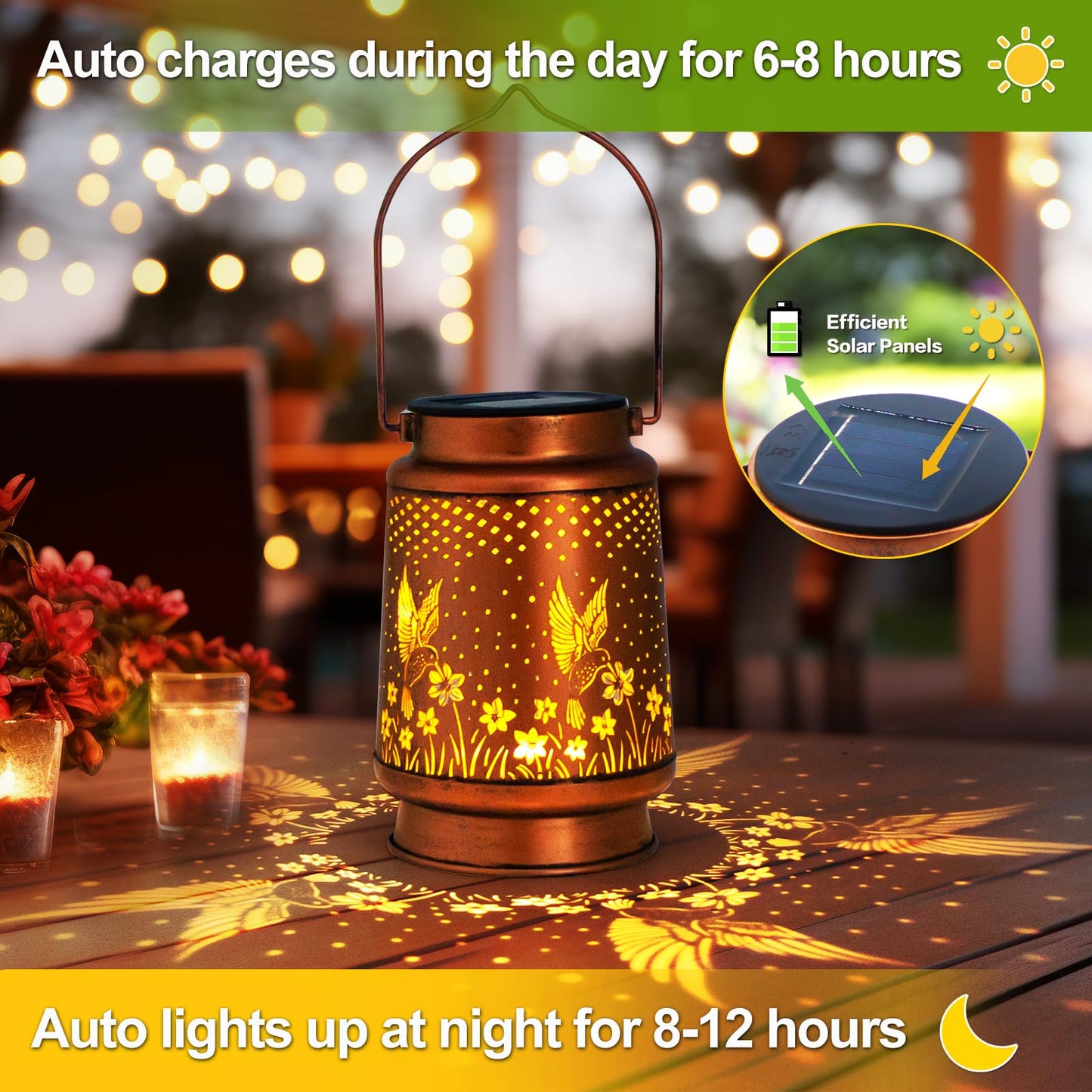 DIBIEECN Hummingbird Solar Lantern Lights - 2 Pack, Waterproof Metal Decor, LED, Bronze, Model MD-DOUBLE-02