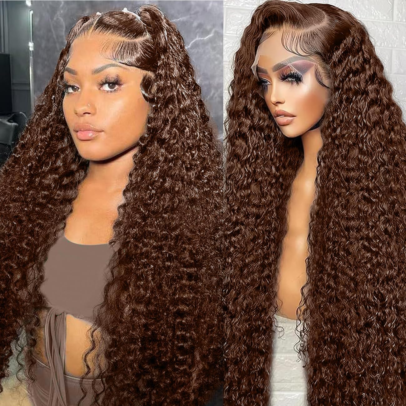 ABSFWIW 24 Inch Chocolate Brown Lace Front Wig Human Hair 13x6 Deep Wave Lace Front Wigs Human Hair 180 Density HD Colored Deep
