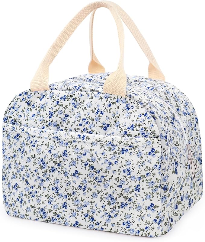 Cotton Quilted Insulated Lunch Bag, Cute Quilted Floral Lunch Tote Bags Reusable Insulated Lunch Box Coquette Aesthetic Large Capacity Insulated Cooler for Women Work Travel Picnic (Dark Blue)