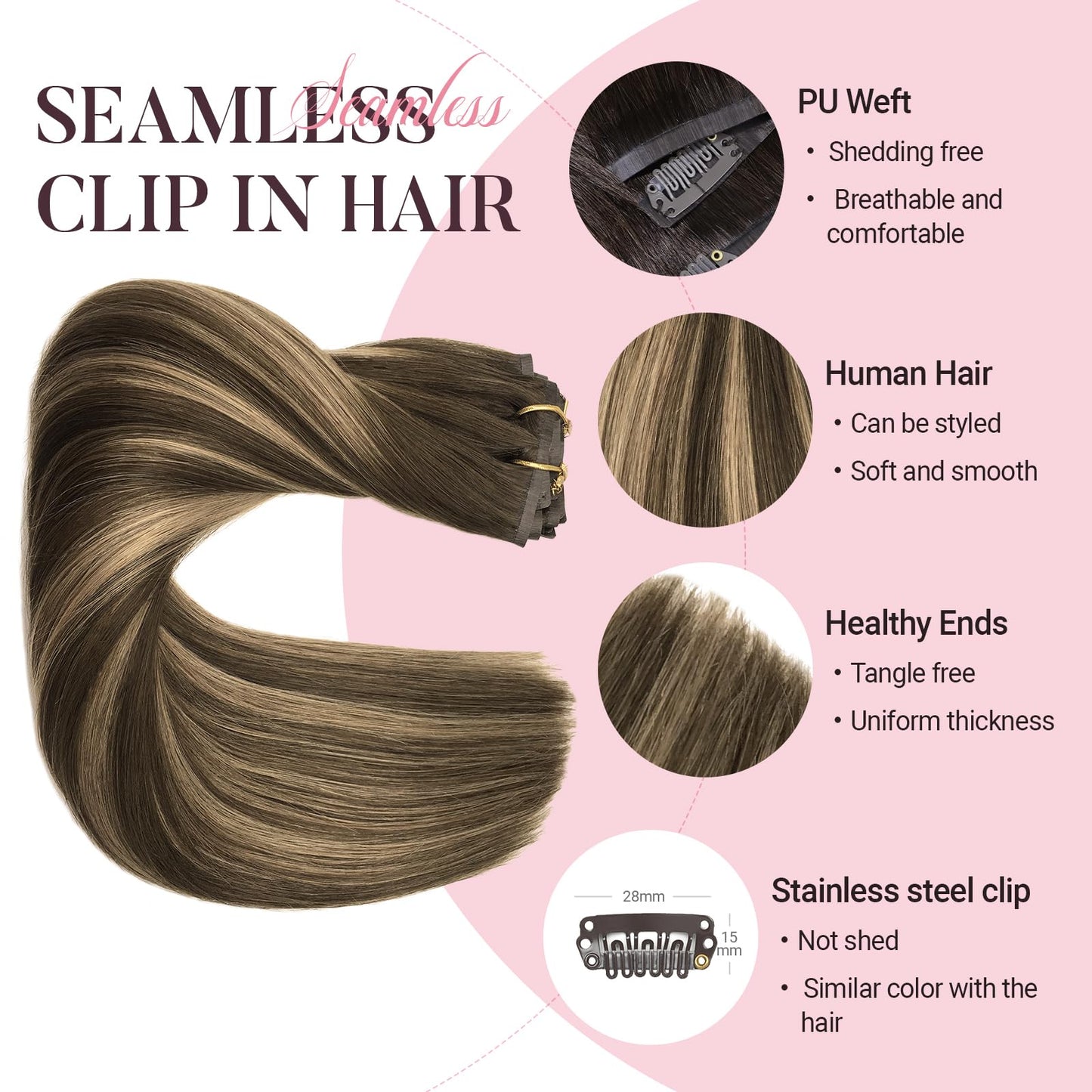 Seamless Hair Extensions Clip in, 7pcs 110g Balayage Chocolate Brown to Caramel Blonde 22 Inch, MAXITA Remy Clip in Hair Extensi