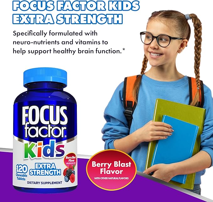 Focus Factor Kids Extra Strength Daily Chewable for Brain Health Support, 120 Count – Vitamins for Kids - Quality Formula – Gluten & Dairy Free Supplements for Children (2 Pack)